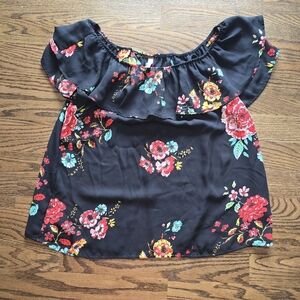 Xhilaration Black Ruffled Asymmetrical Blouse with Bib Collar